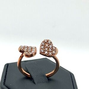 Vtg Dyadema 925 Sterling Silver Rose Gold Plated CZ Hearts Bypass ring Sz 6.75